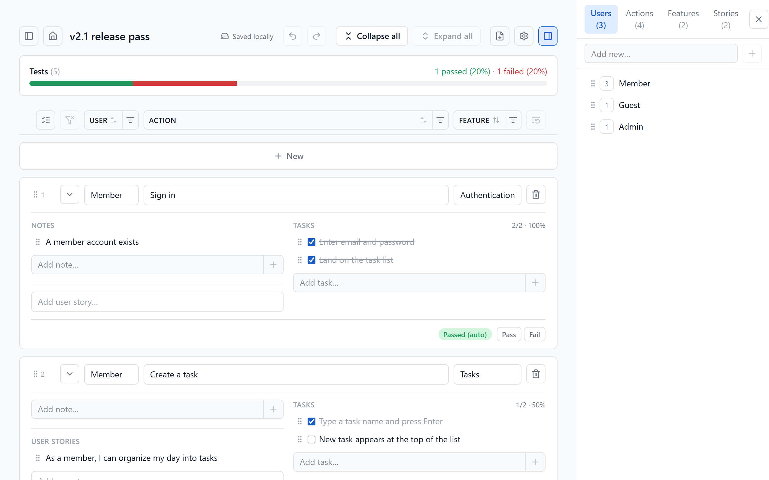 The lists side panel open next to the test rows, showing the Users, Actions and Features tabs