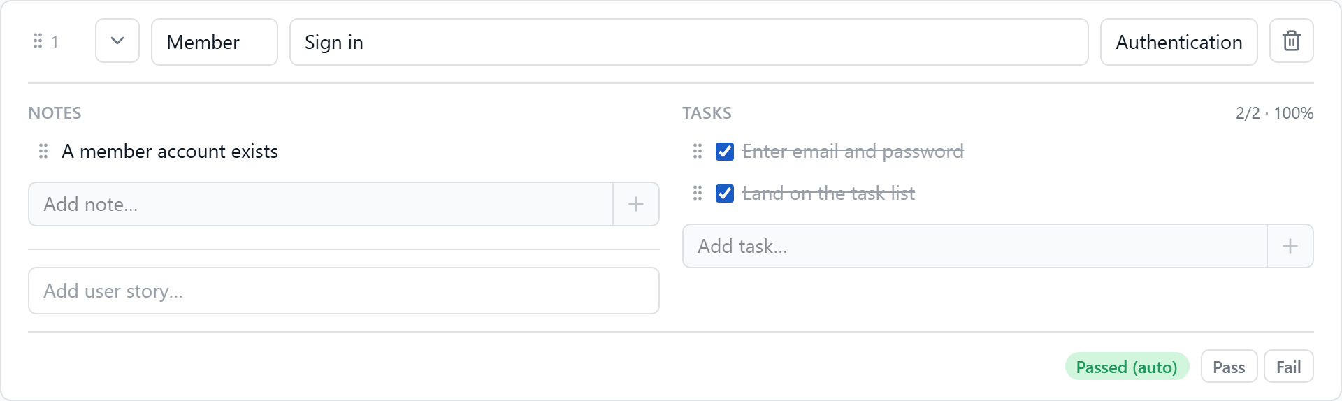 An expanded test row showing notes, a task checklist and pass/fail controls