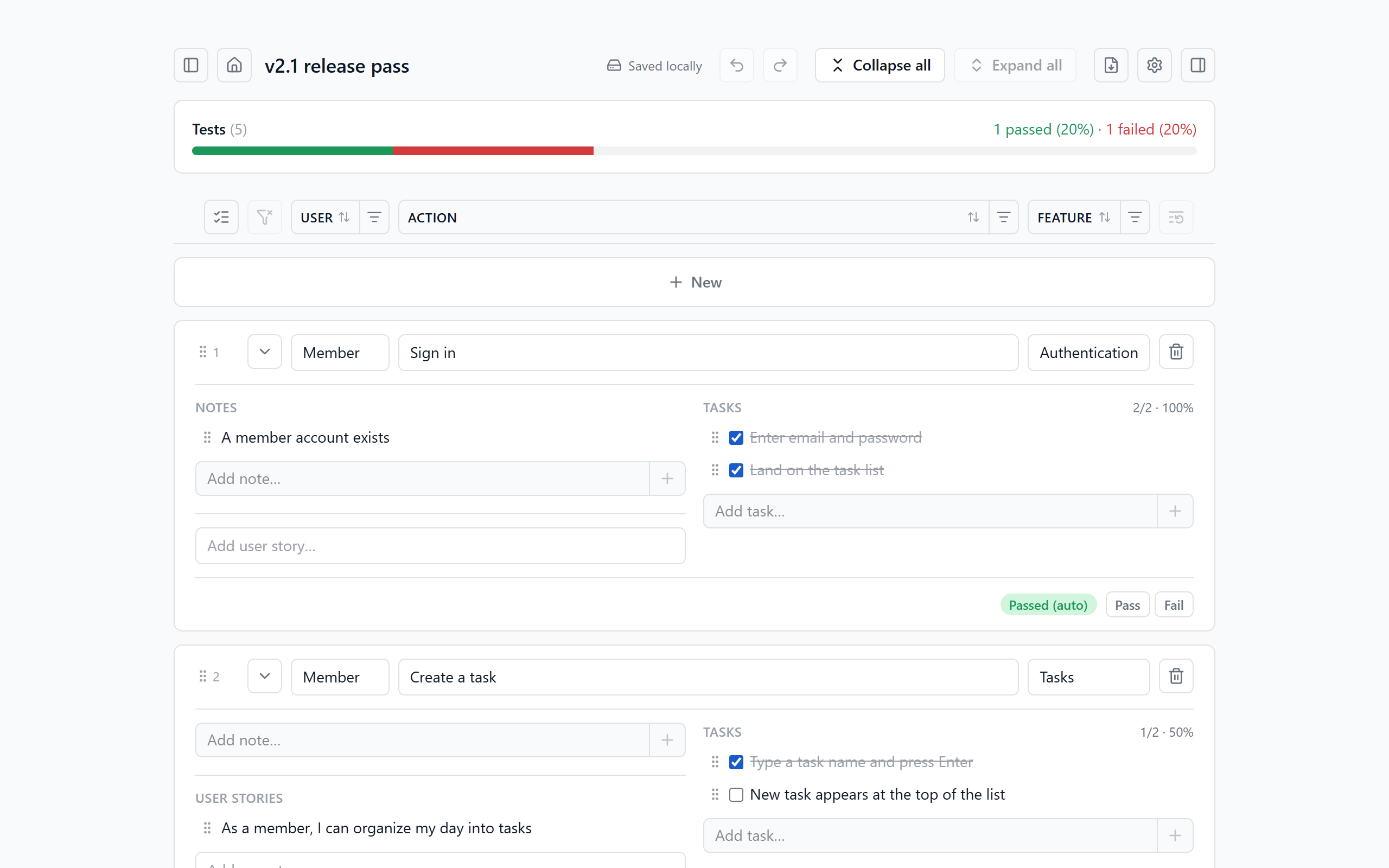 A project page with stacked test rows, each showing User, Action and Feature fields